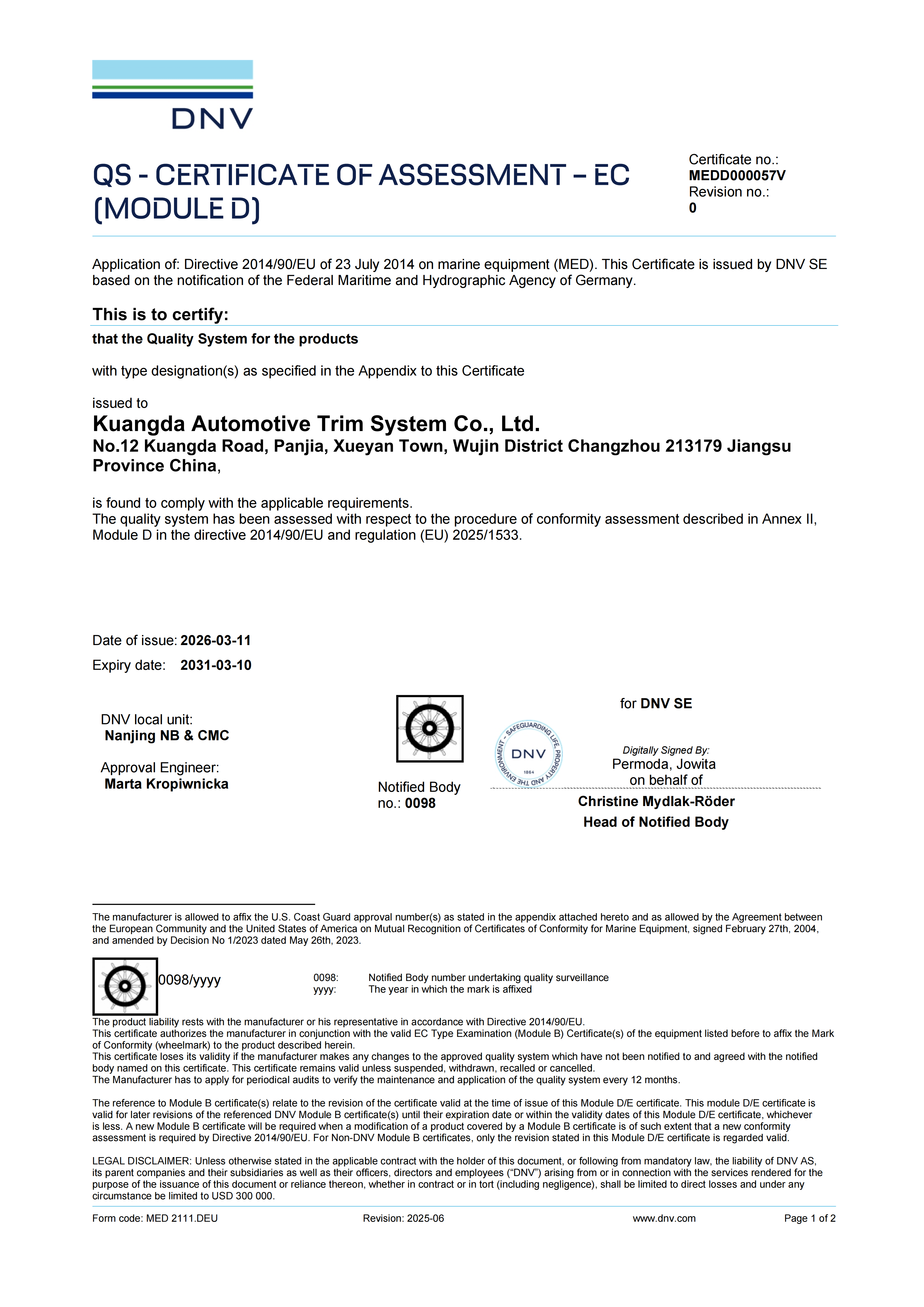 双证启新程！旷达通过挪威船级社（DNV）